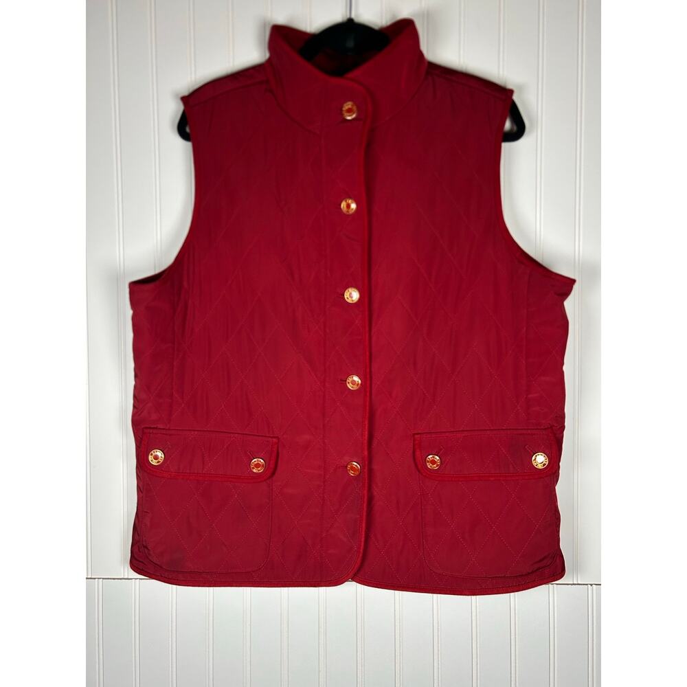 Talbots Red Quilted Vest Fleece Lined Size XL Mock Neck Button Front Sleeveless